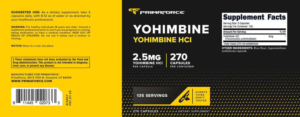 Primaforce Yohimbine HCl bottle on a gym setup signals performance support.
