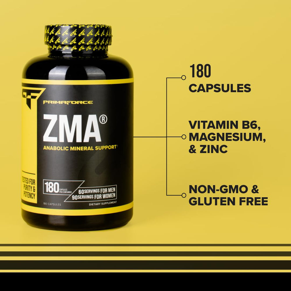 Primaforce ZMA bottle highlighting gluten-free and non-GMO quality