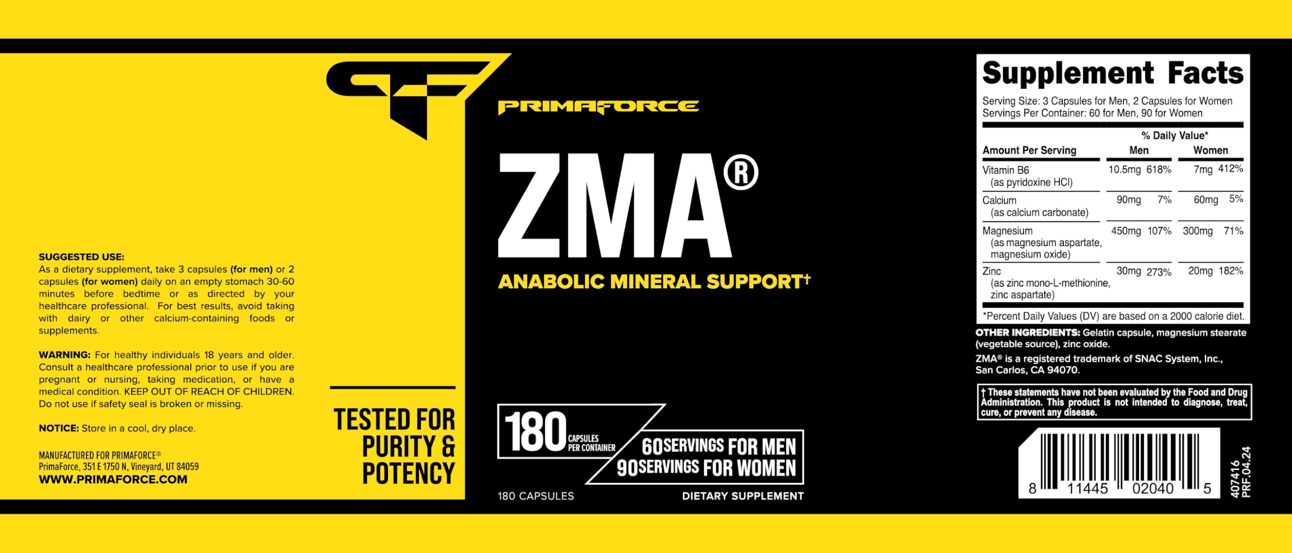 Primaforce ZMA serving size diagram showing 60 and 90 servings