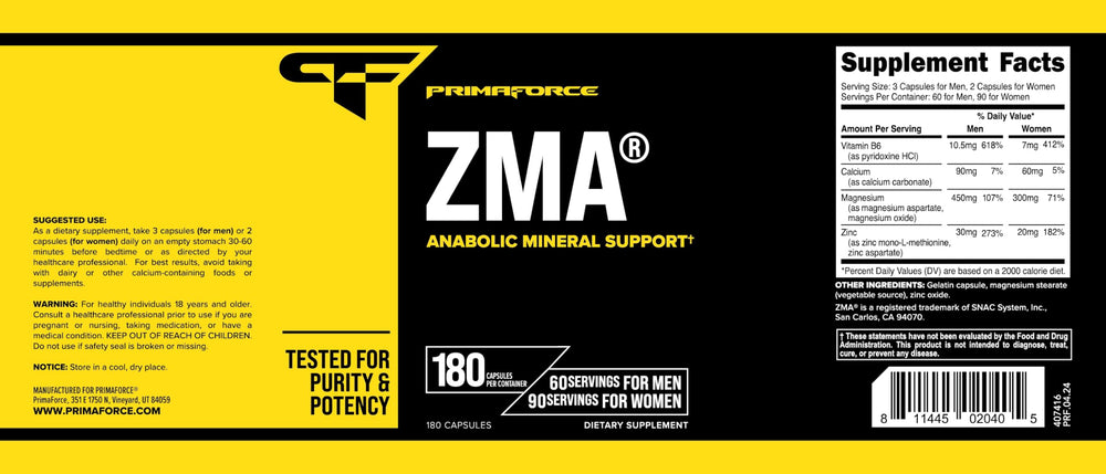 Primaforce ZMA serving size diagram showing 60 and 90 servings