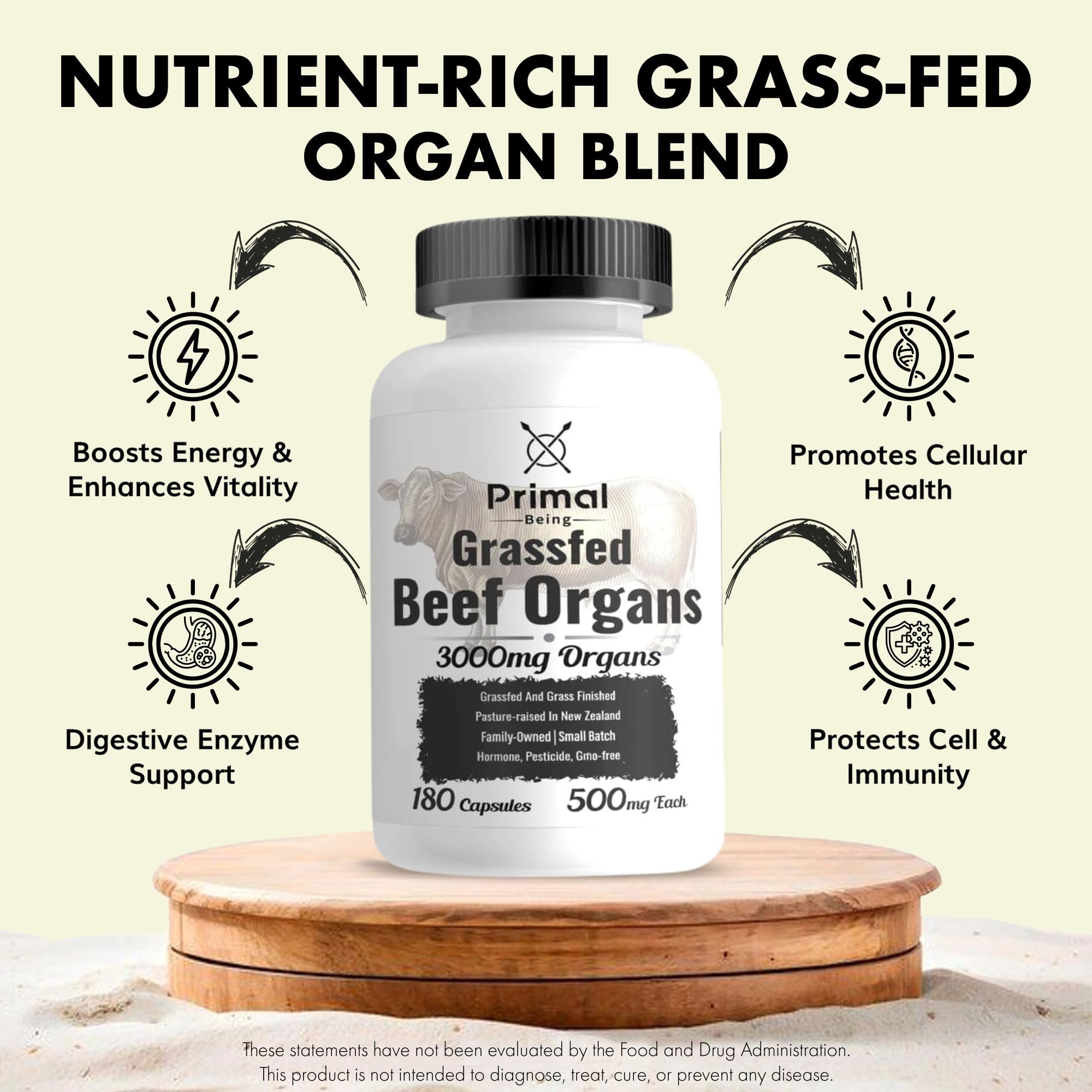 Primal Being Beef Organs Kidney bottle notes 600mg kidney per serving for whole-body nourishment.