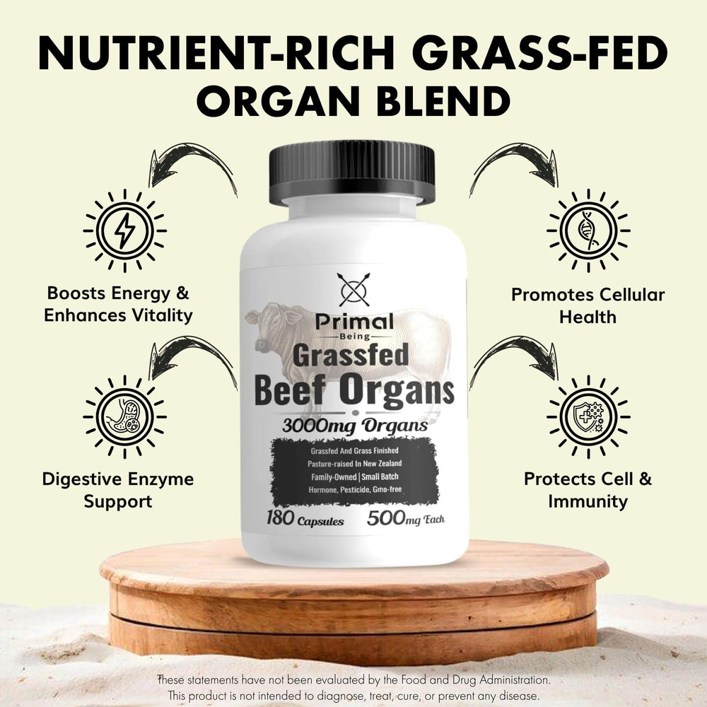 Primal Being Beef Organs Kidney bottle notes 600mg kidney per serving for whole-body nourishment.