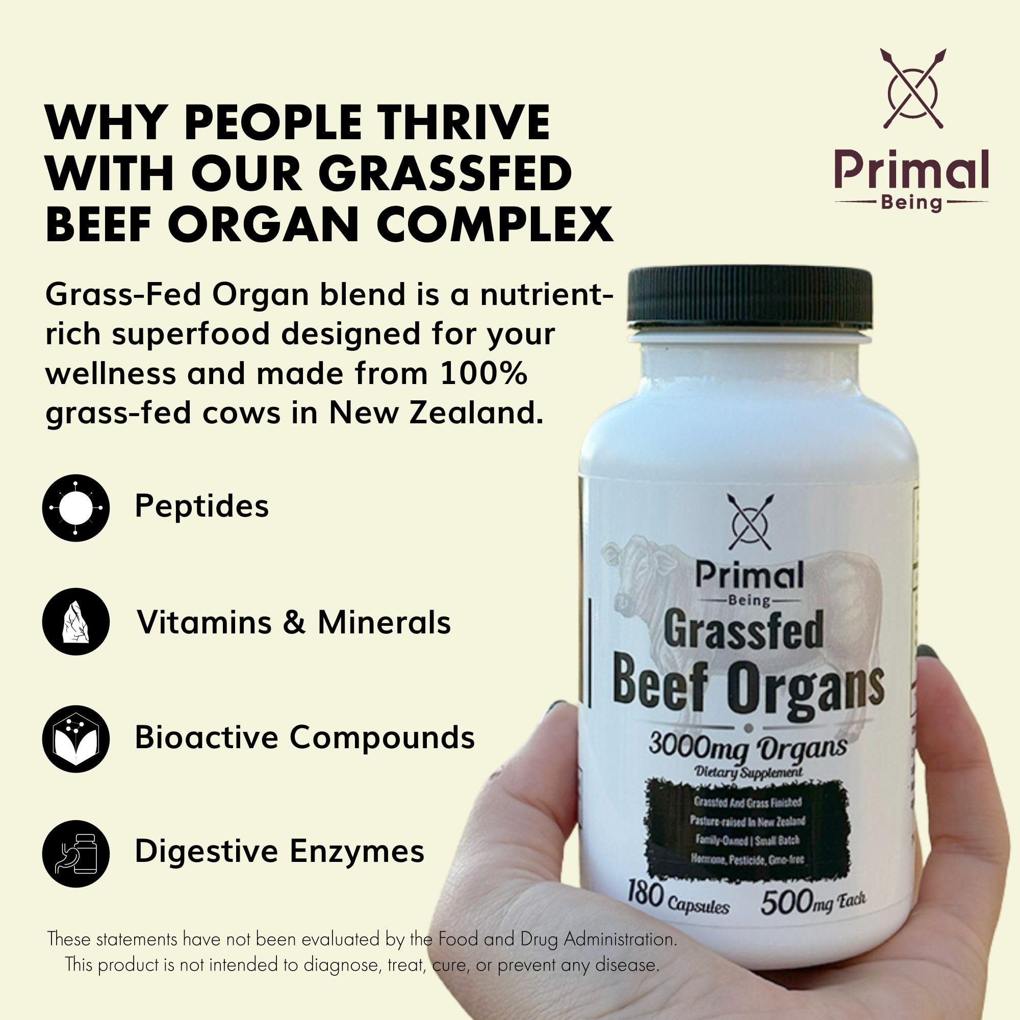 Primal Being Beef Organs Pancreas bottle emphasizes 600mg pancreas per serving for metabolic support.