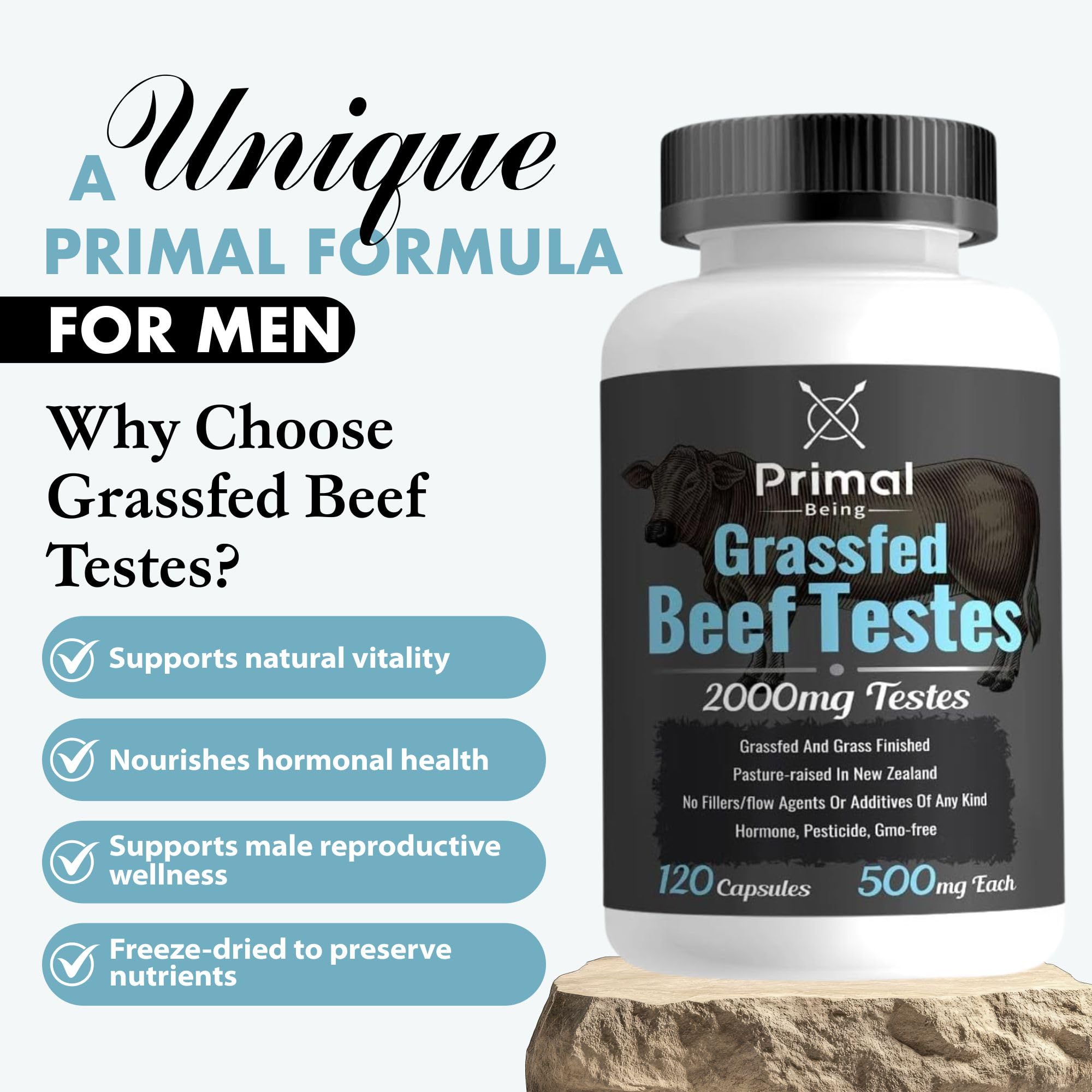 Serving guide showing four capsules beside the Primal Being bottle for convenient daily intake.