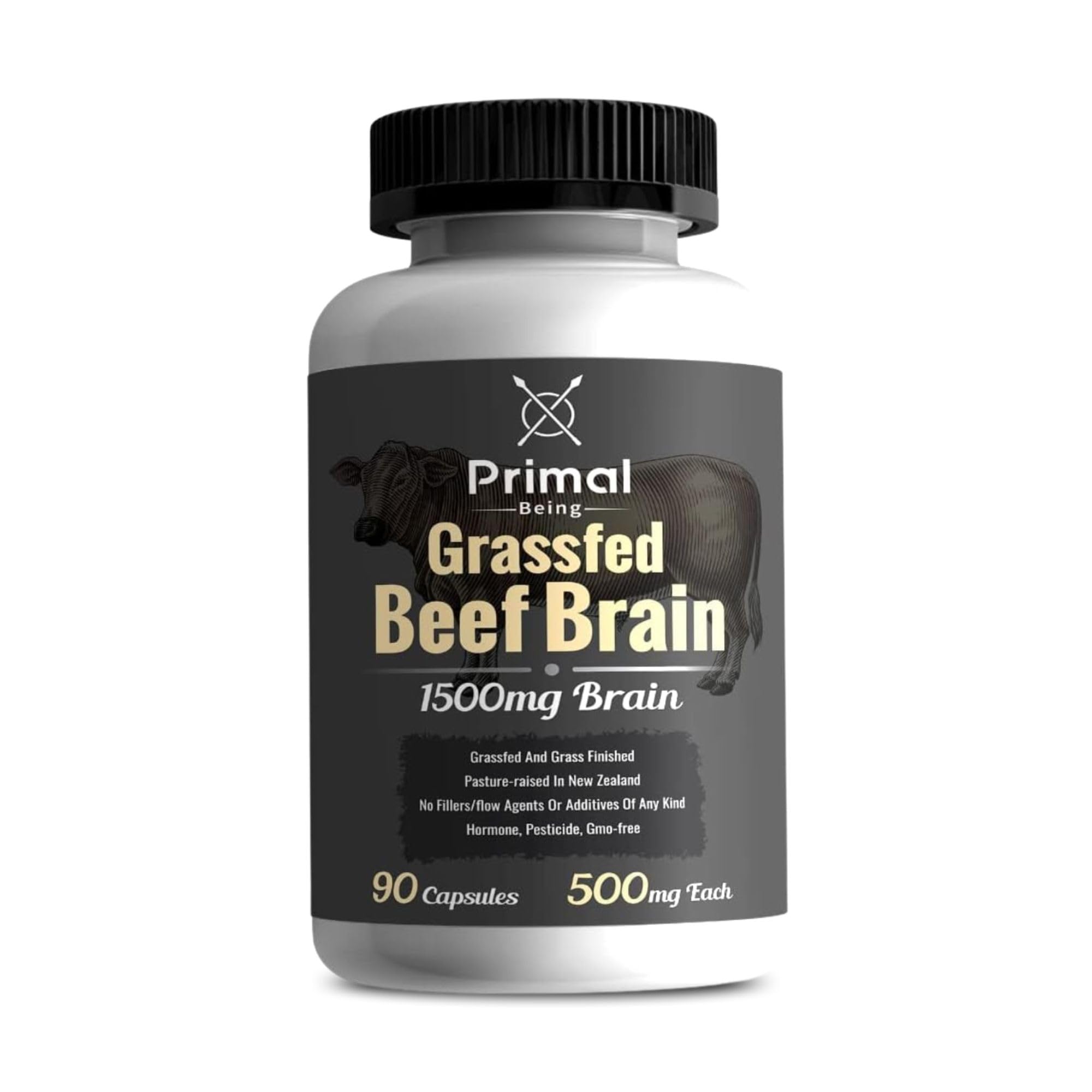 Primal Being grassfed beef brain bottle and capsules suggesting cognitive support potential