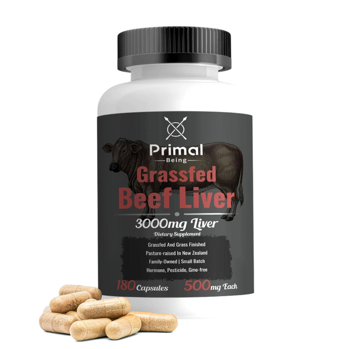 Primal Being grassfed beef liver capsules for daily energy support.