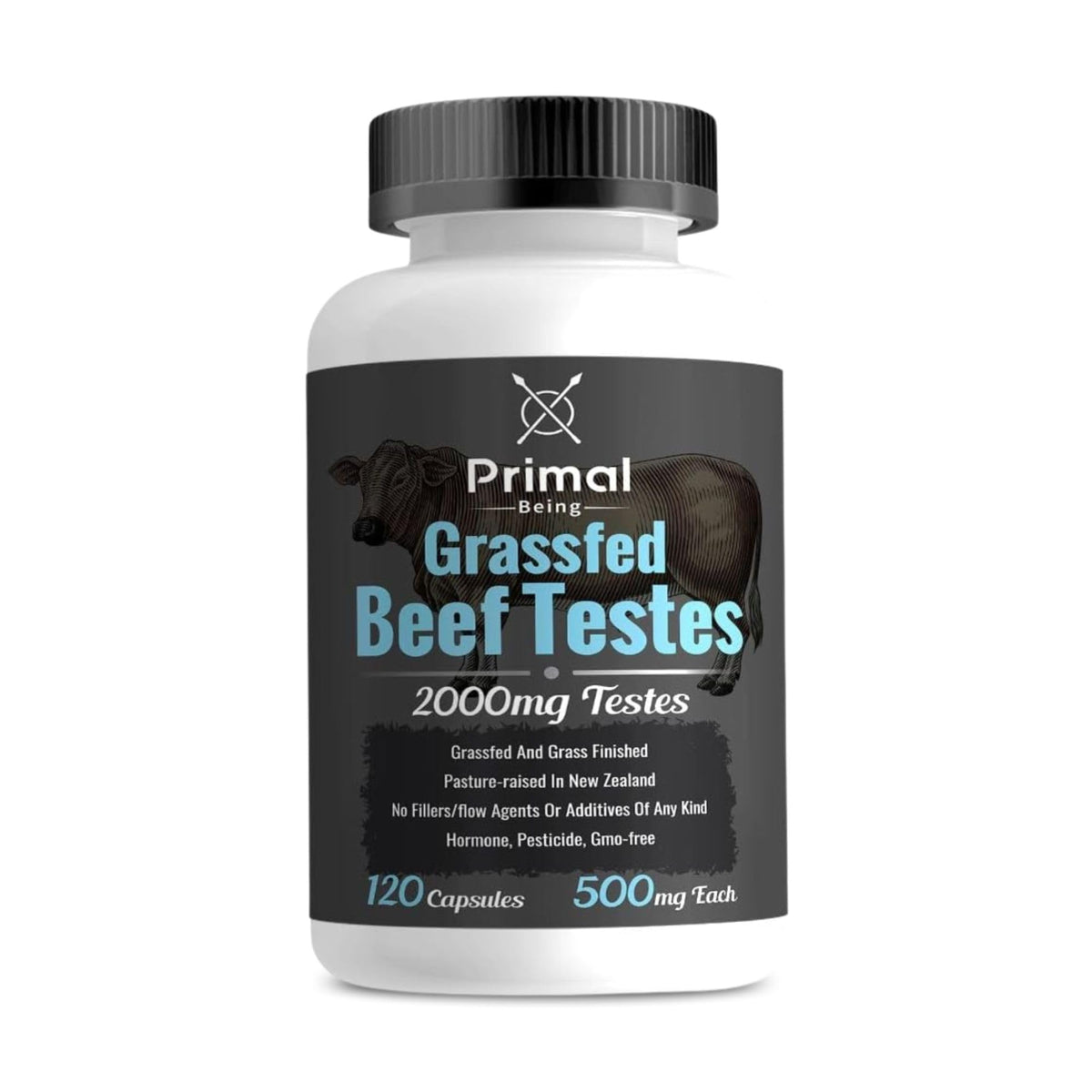 Primal Being Grassfed Beef Testes Capsules bottle on kitchen counter for daily nutrient support.