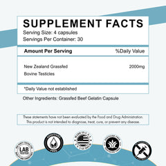 Primal Being Grassfed Beef Testes Capsules with label highlighting 2,000 mg daily serving.