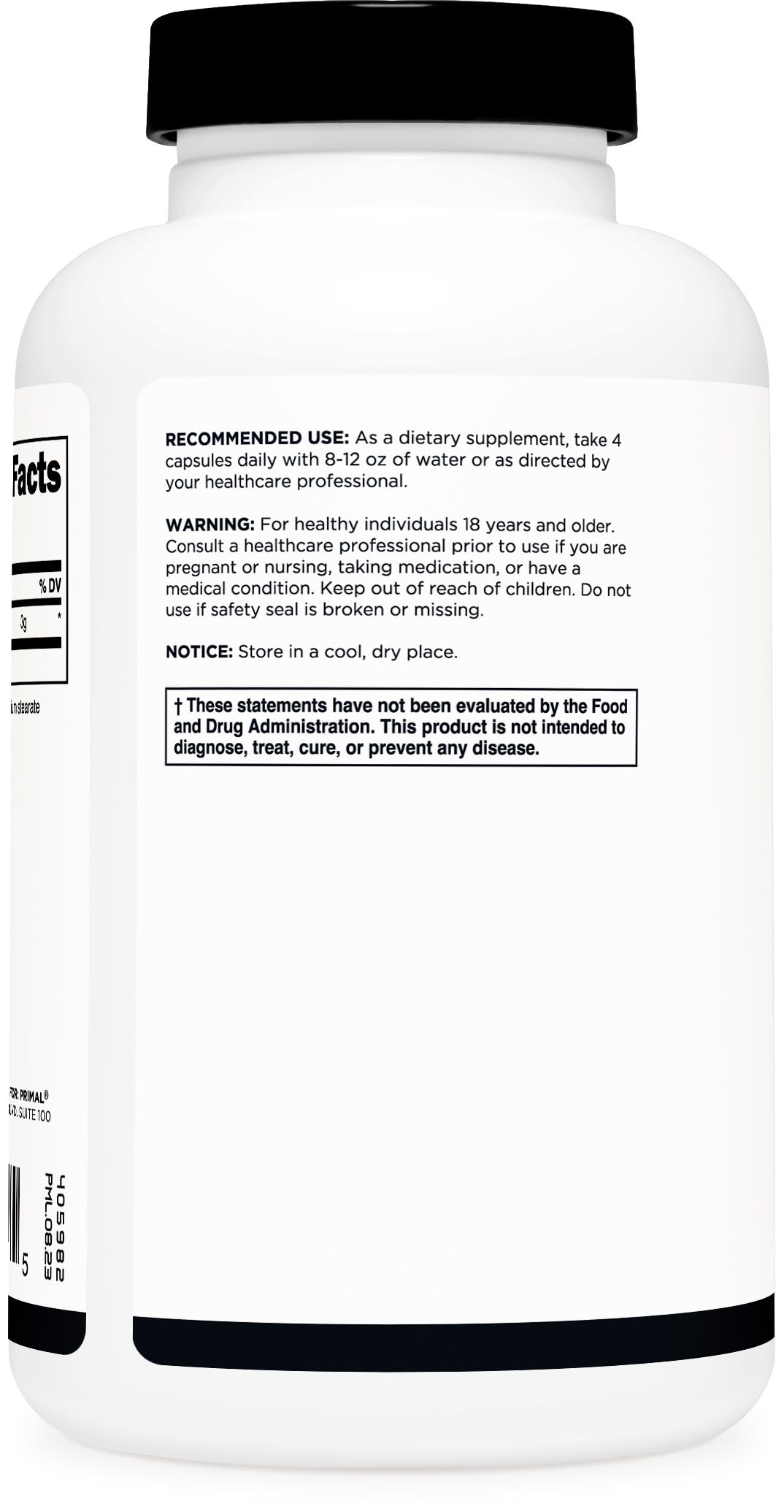 Primal Creatine Monohydrate label closeup emphasizing quality and safety standards