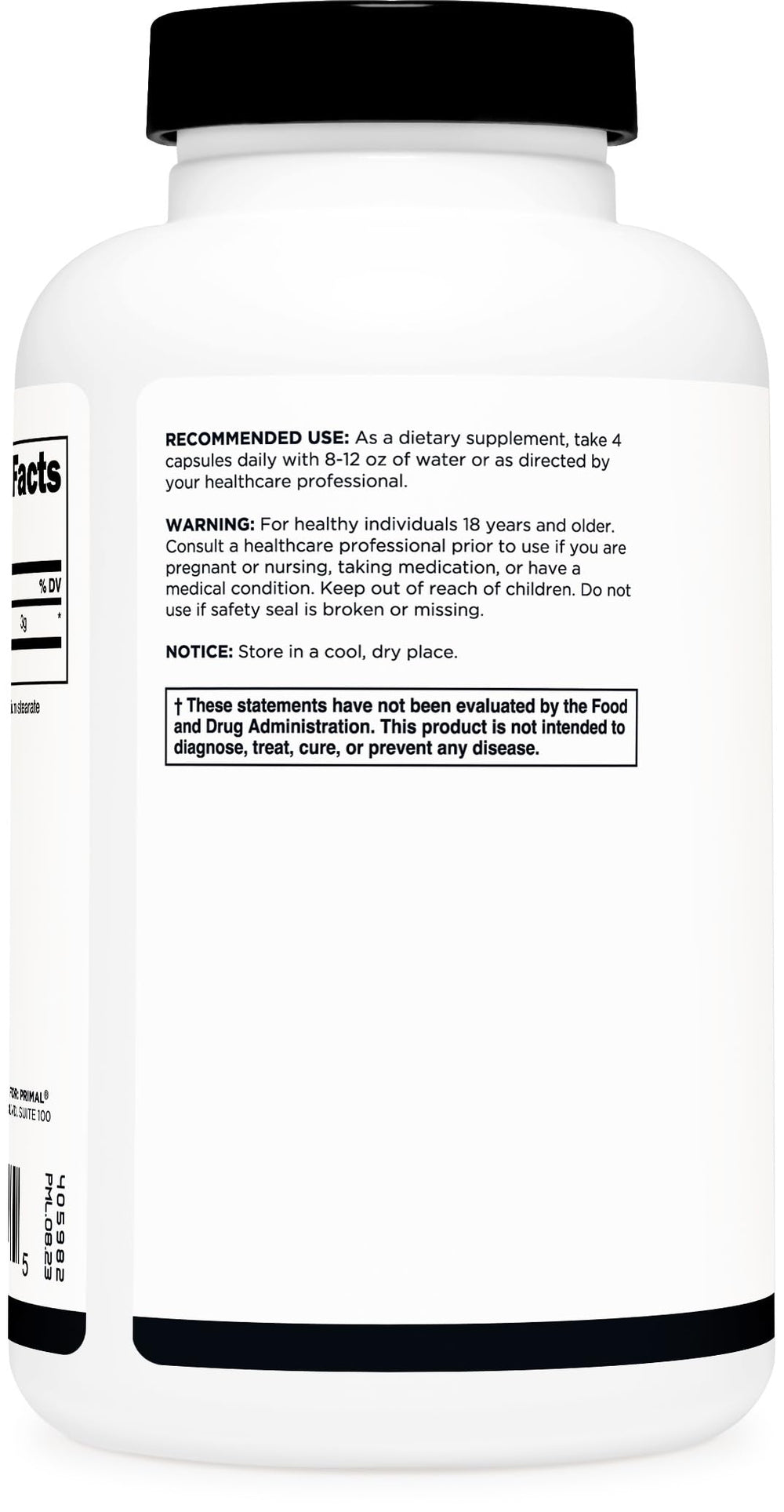 Primal Creatine Monohydrate label closeup emphasizing quality and safety standards