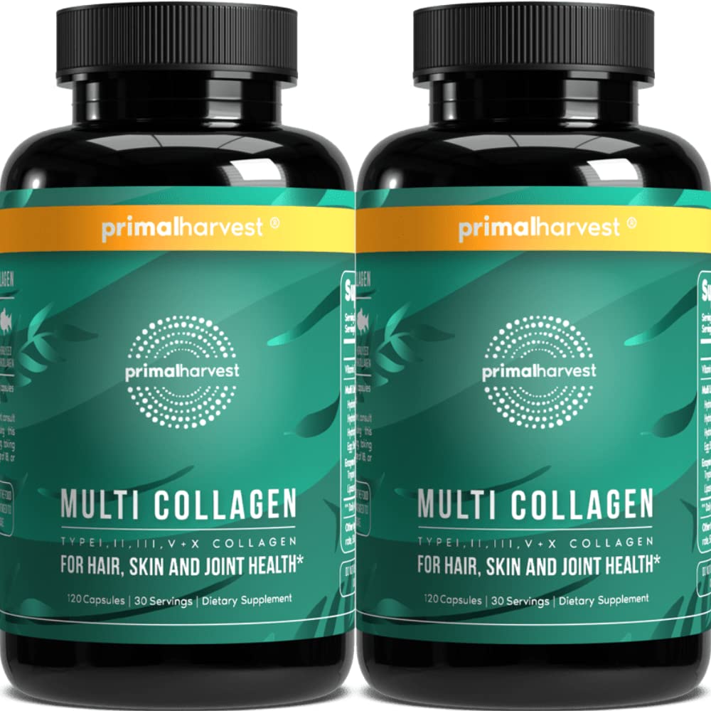 Primal Harvest 2-pack collagen pills bottle showing easy daily dosage for hair, skin, nails