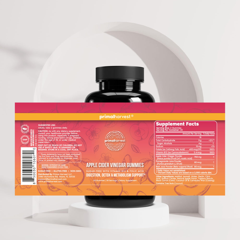 Primal Harvest ACV Gummies vegan, gluten-free, dairy-free and soy-free.