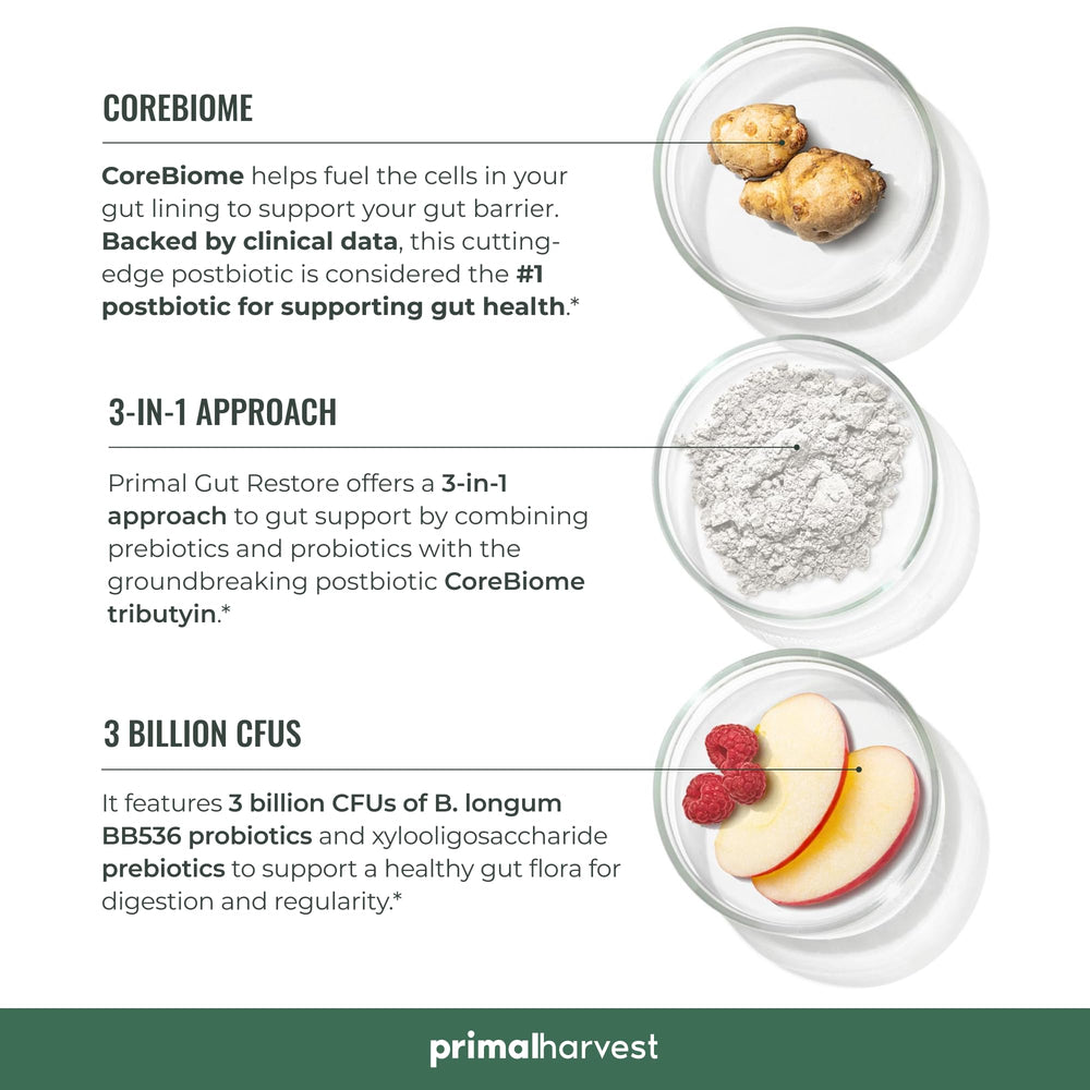 Primal Harvest B Longum BB536 probiotic strain promotes steady digestion.