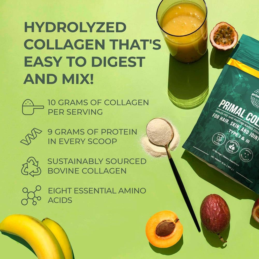 Primal Harvest collagen powder stirred into coffee for a seamless morning ritual.