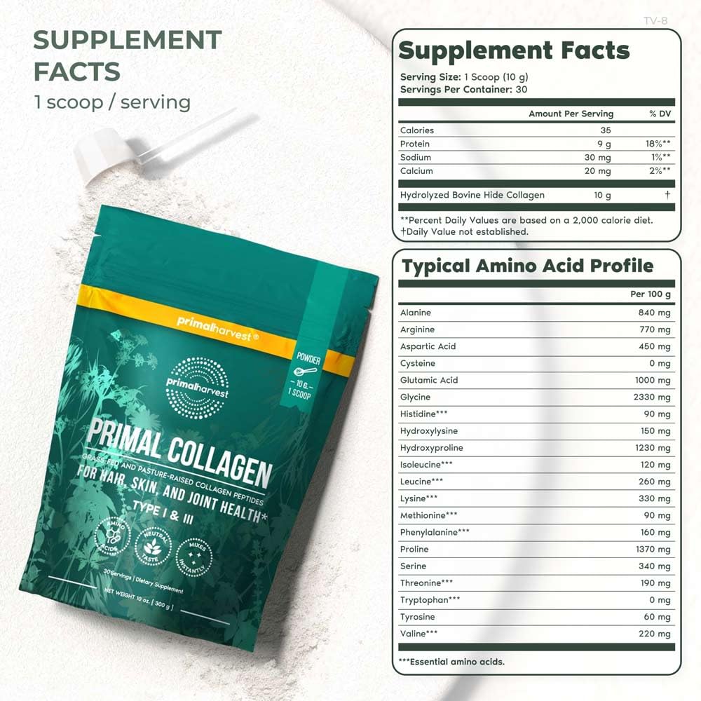 Primal Harvest collagen powder back label highlights Type I & III for hair and skin.