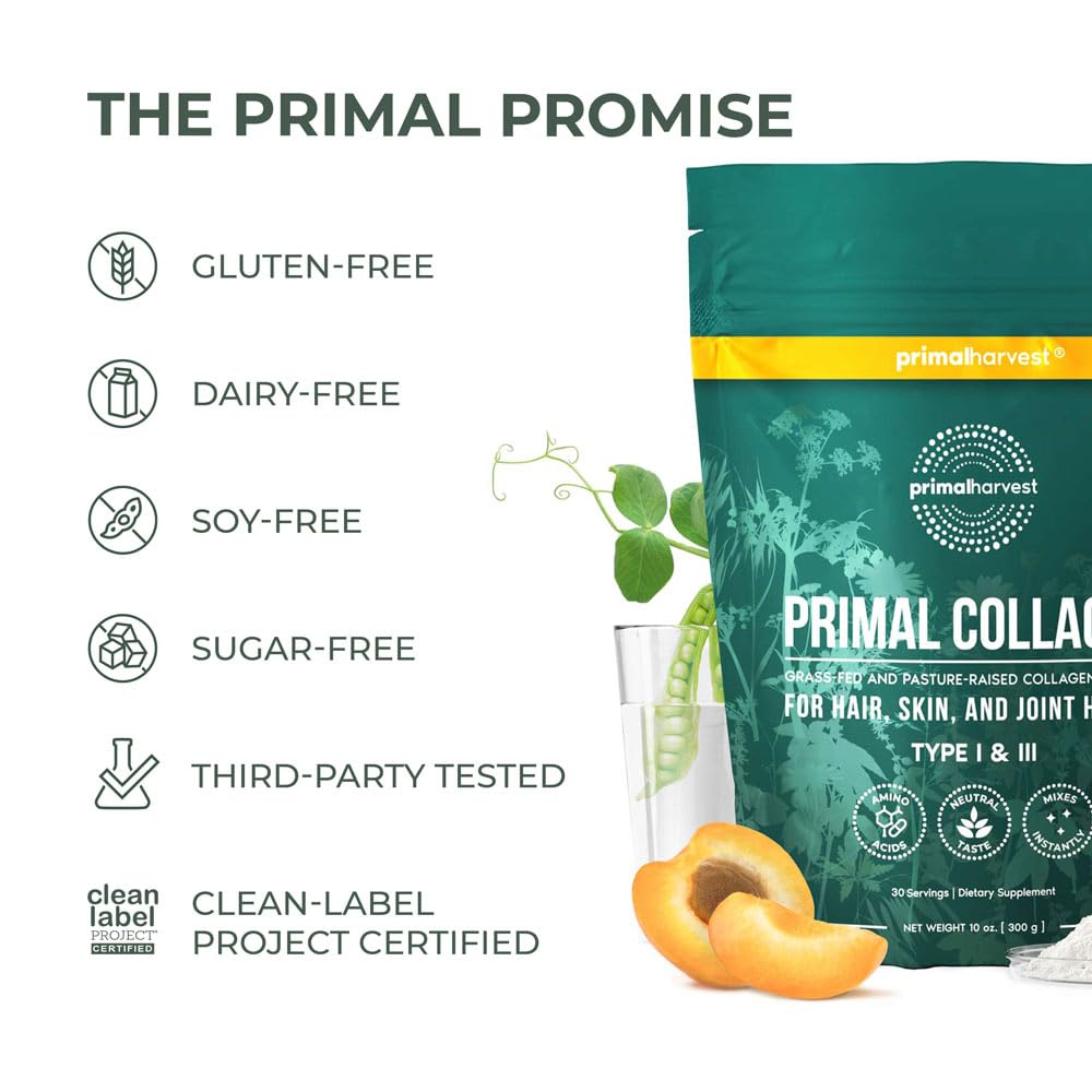 Primal Harvest collagen powder tub with ingredients panel visible and quality cues.