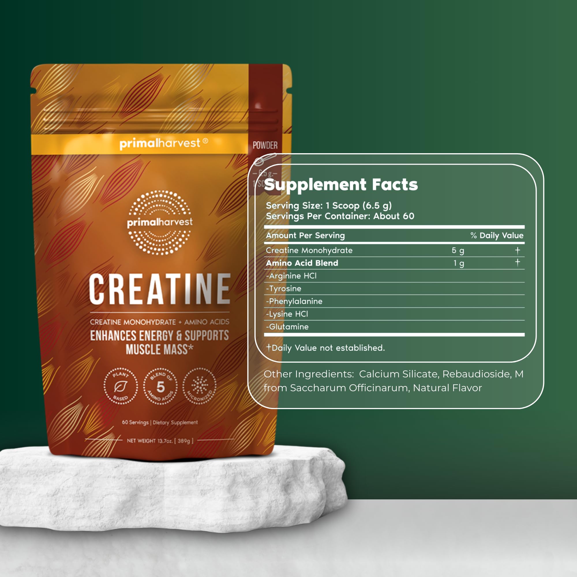 Primal Harvest Creatine powder mixing into water, fueling steady energy during training.