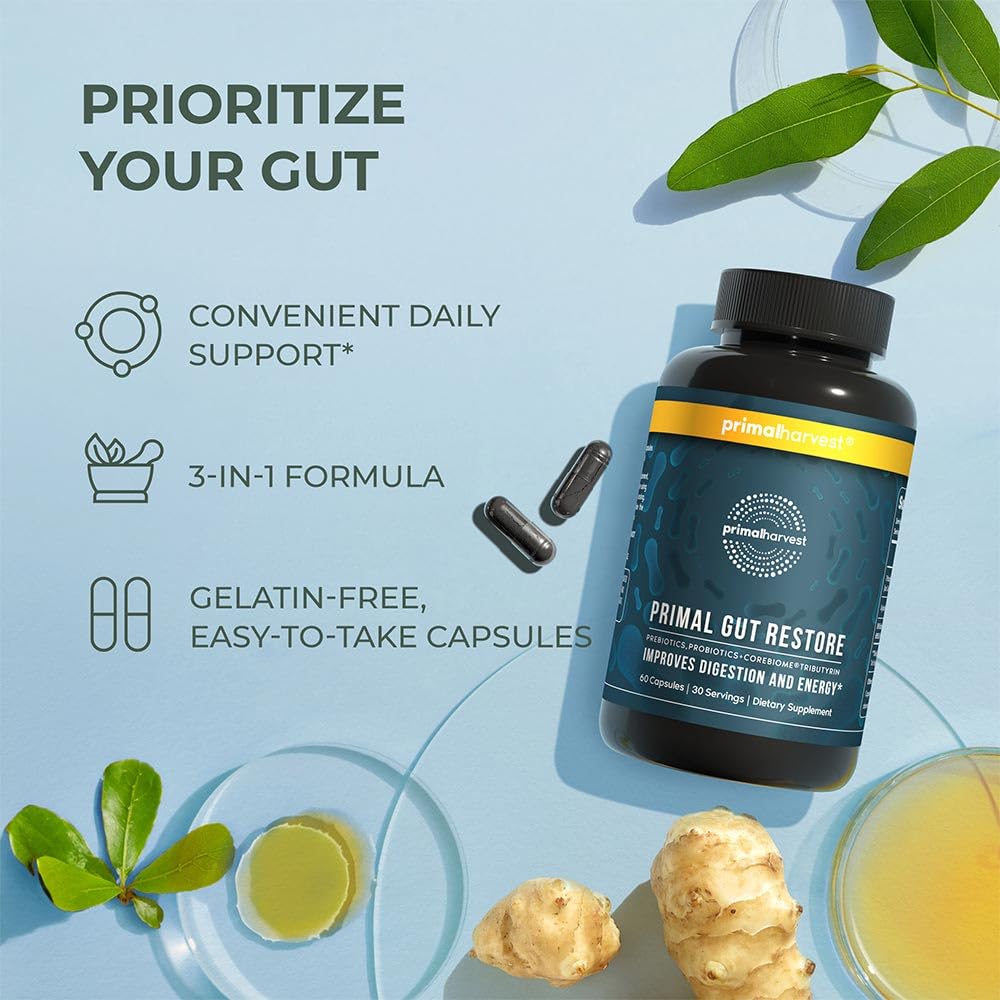 Primal Harvest digestive health visual illustrating the blend of prebiotics and postbiotics.