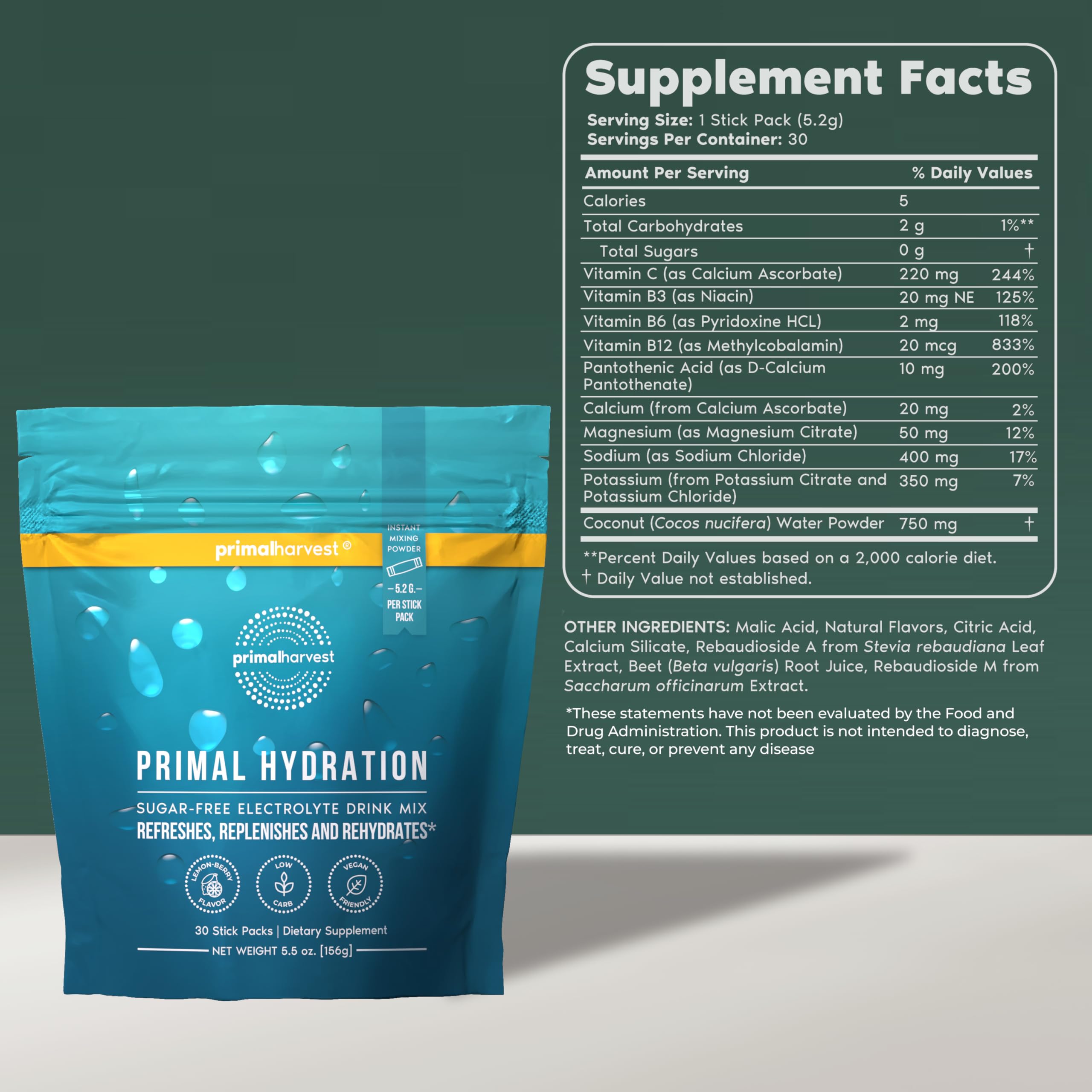 Easy-open Primal Harvest packets shown for convenient on-the-go hydration.
