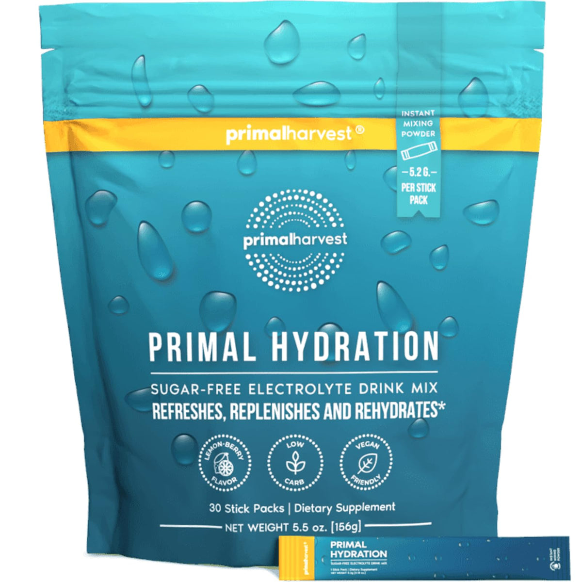 Primal Harvest electrolytes powder packets Lemon Berry for on-the-go hydration.