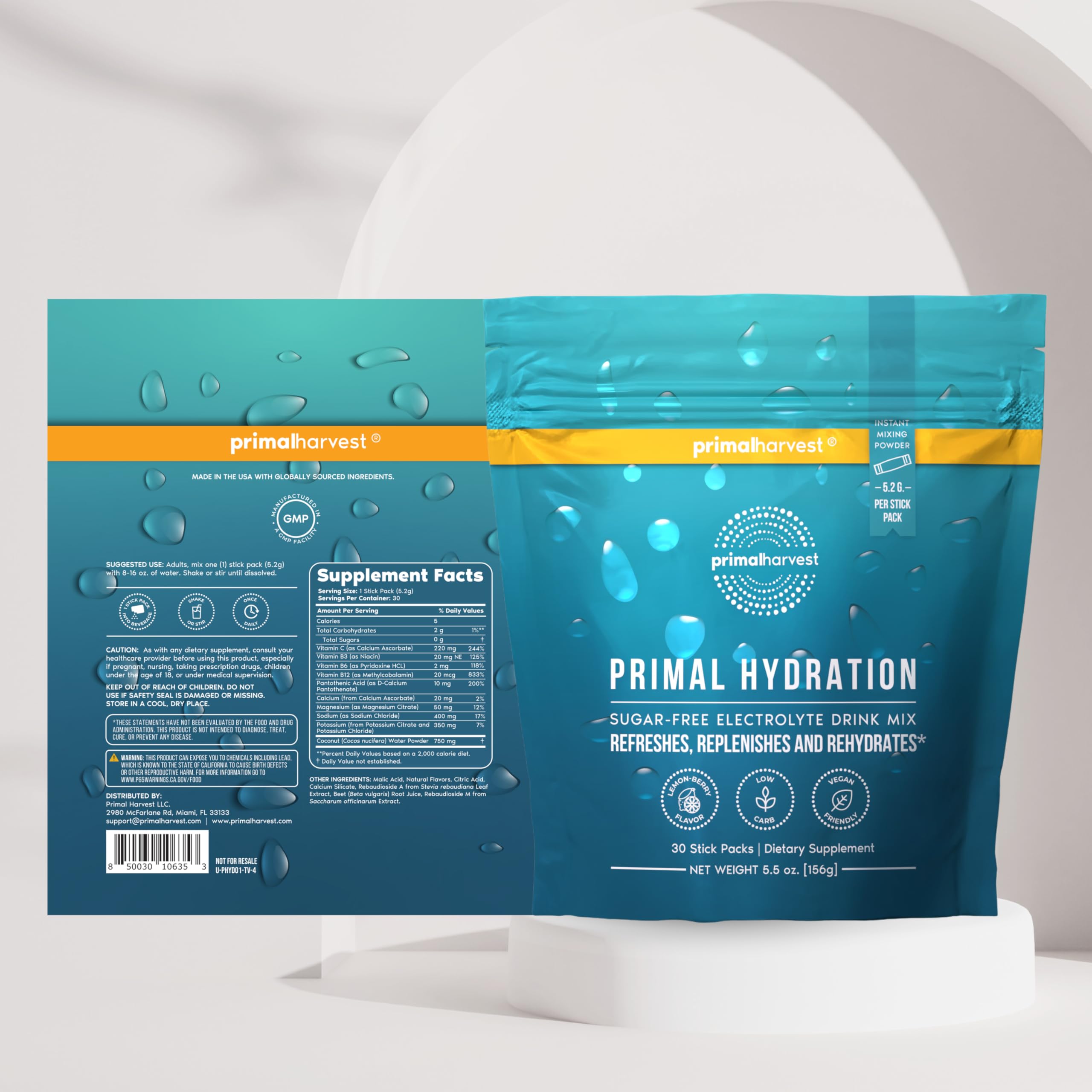 Water with Primal Harvest lemon-berry mix creates a refreshing beverage.