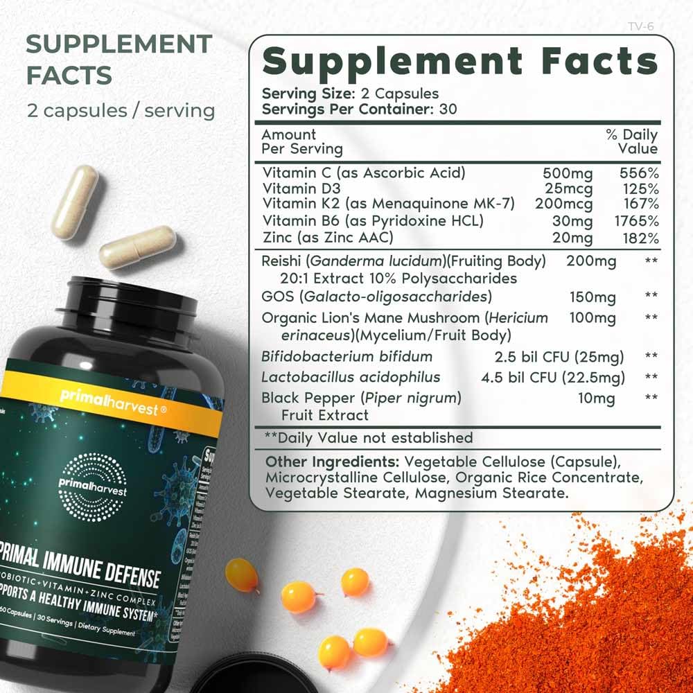 Primal Harvest Immune Defense bottle back-label showing ingredients and recommended use