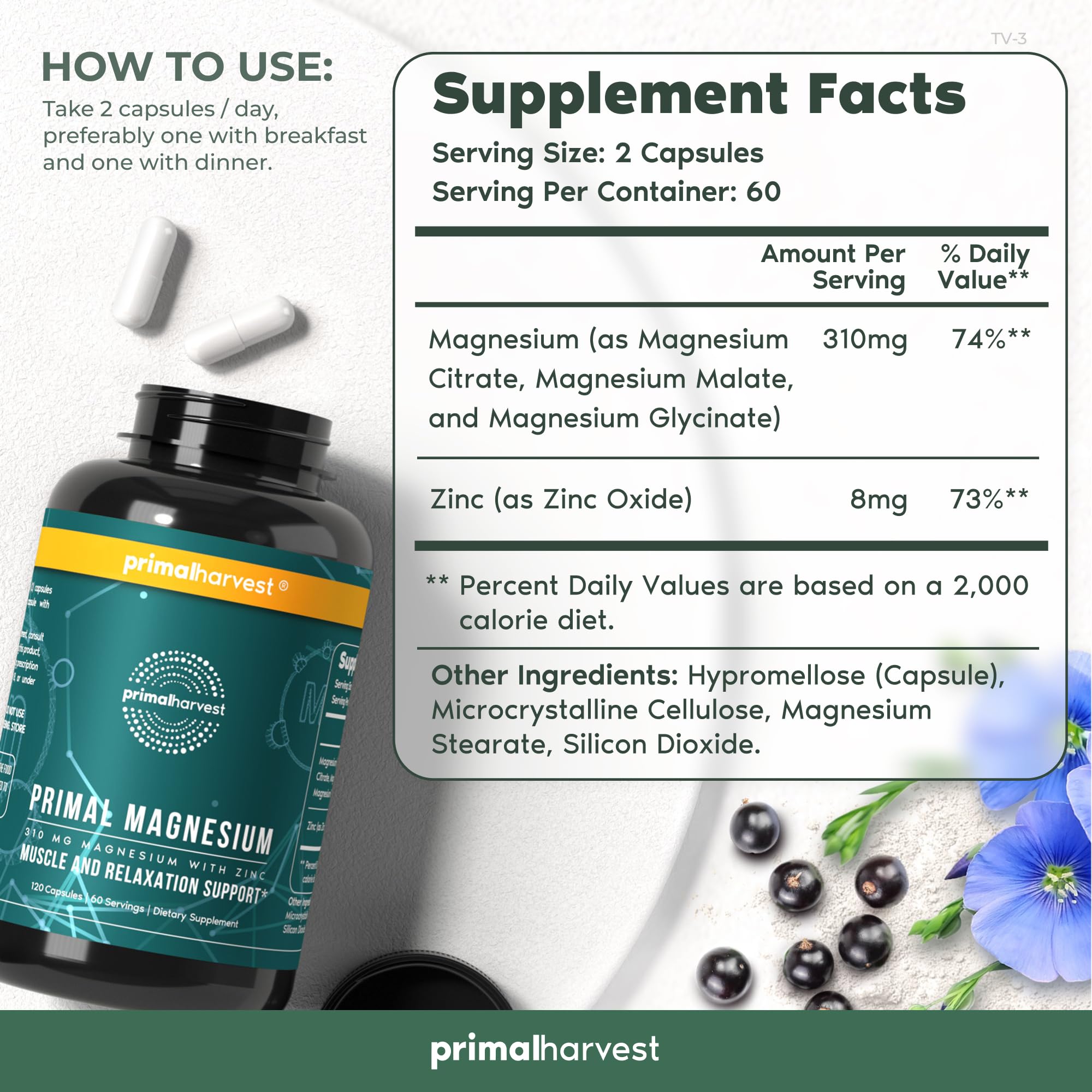 Primal Harvest label front graphic emphasizes magnesium and zinc benefits.