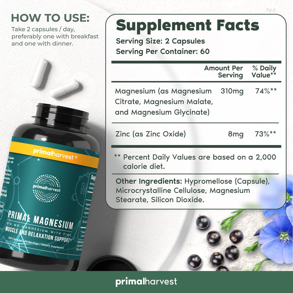 Primal Harvest label front graphic emphasizes magnesium and zinc benefits.