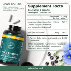 Primal Harvest label front graphic emphasizes magnesium and zinc benefits.
