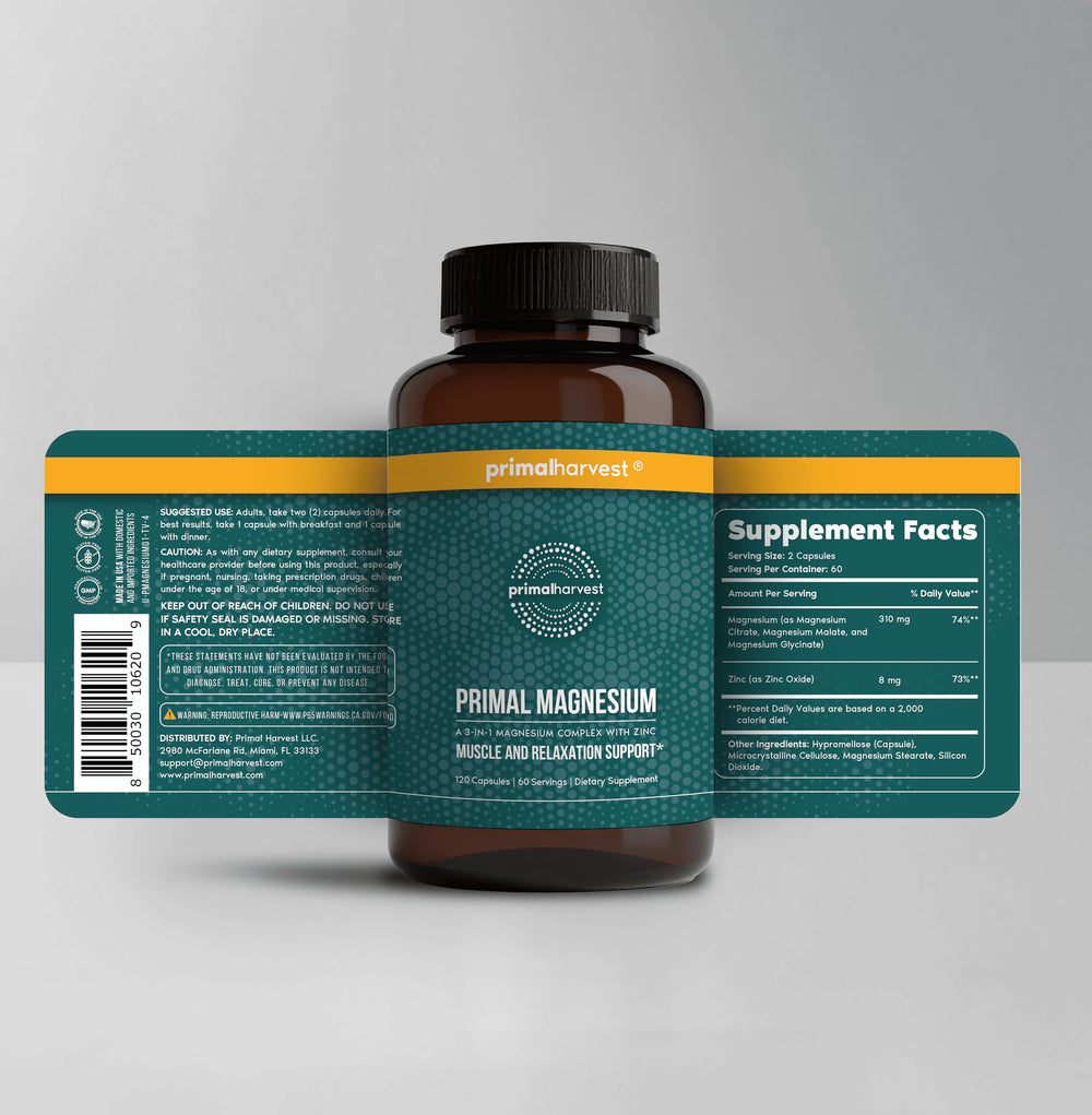 Primal Harvest magnesium capsules closeup for easy daily support