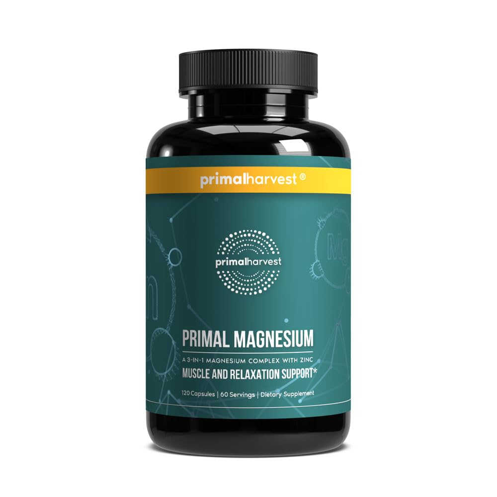 Primal Harvest magnesium supplement bottle supports daily wellness.