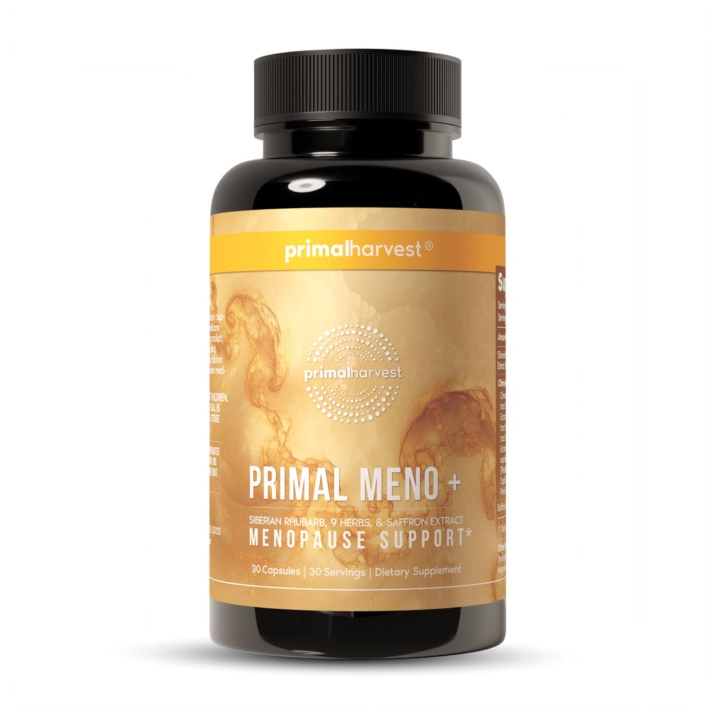 Primal Harvest Meno+ bottle pour supports daily mood balance during menopause