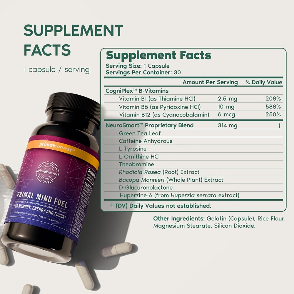 Primal Harvest Mind Fuel capsules close-up show a neuroblend for clarity.
