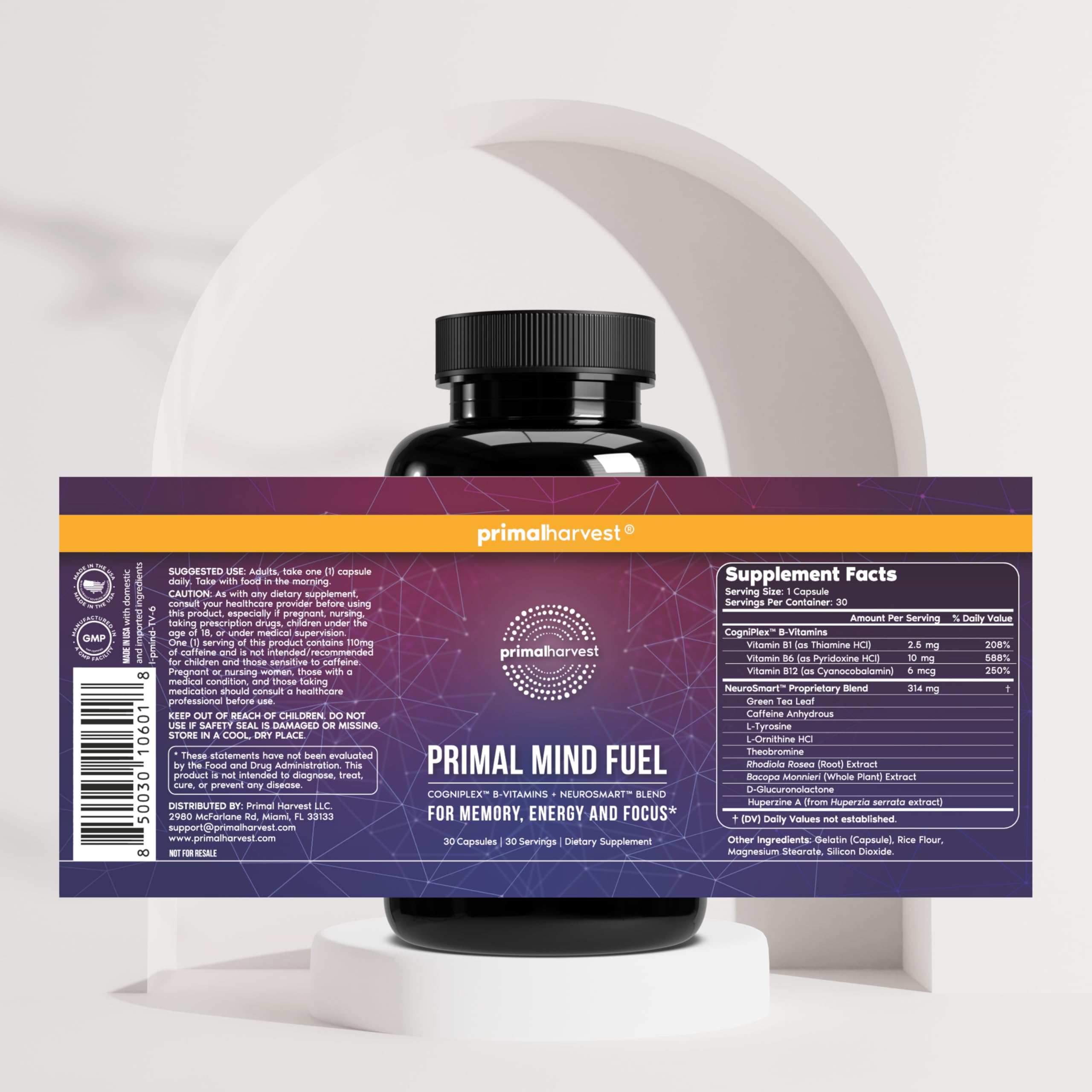 Primal Harvest Mind Fuel label detail highlights ingredients and quality.
