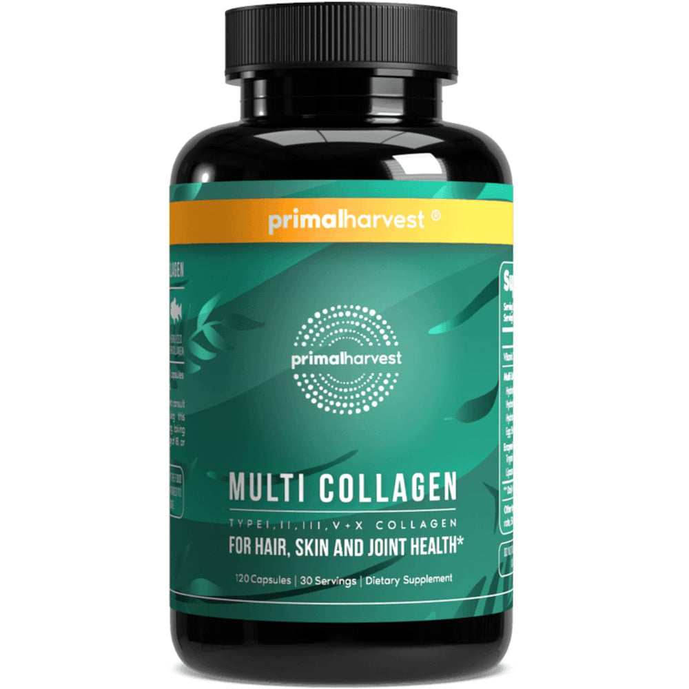 Primal Harvest Multi Collagen bottle front view highlighting a complete skin, hair, and nails support blend