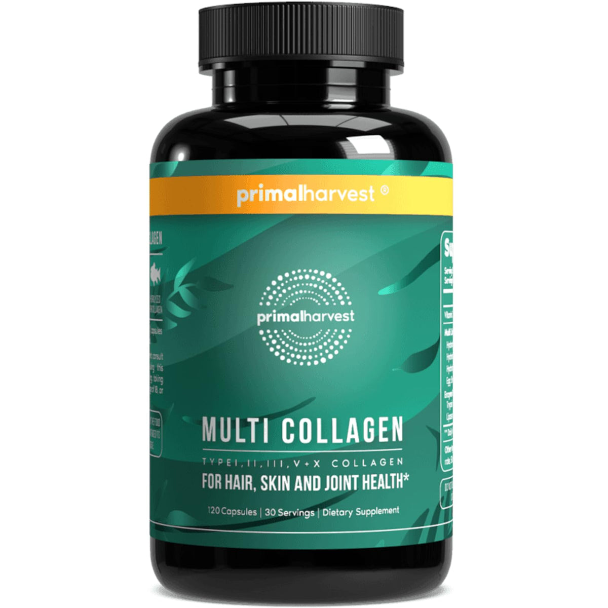 Primal Harvest Multi Collagen bottle front view highlighting a complete skin, hair, and nails support blend
