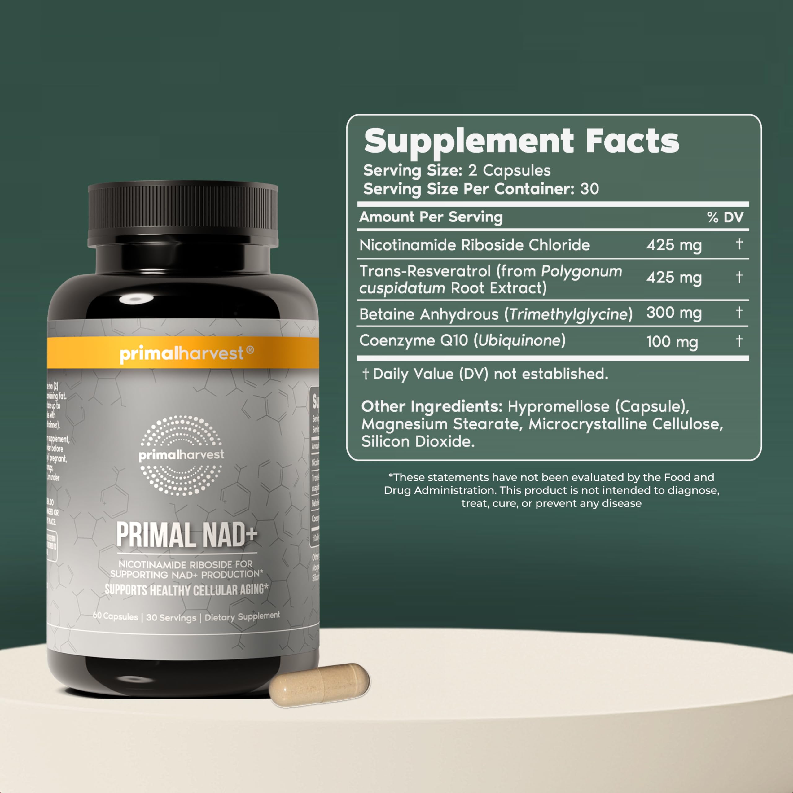 Primal Harvest NAD supplement bottle back highlighting ingredients for mitochondrial health and antioxidant defense