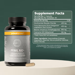 Primal Harvest NAD supplement bottle back highlighting ingredients for mitochondrial health and antioxidant defense