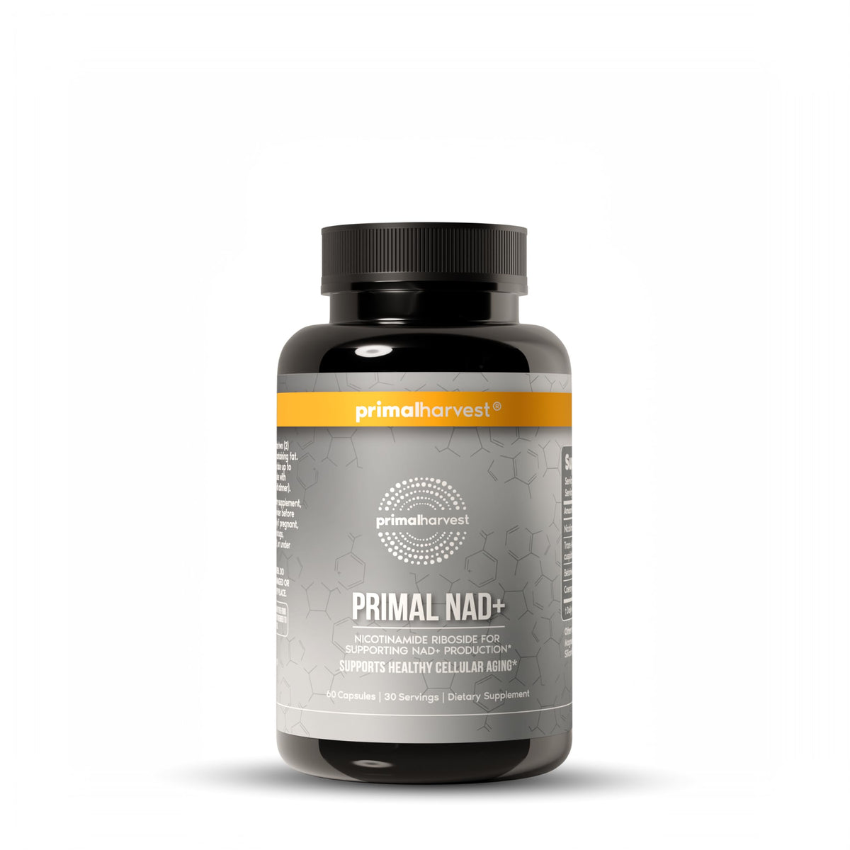 Primal Harvest NAD supplement bottle front illustrating the product for daily NAD+ support