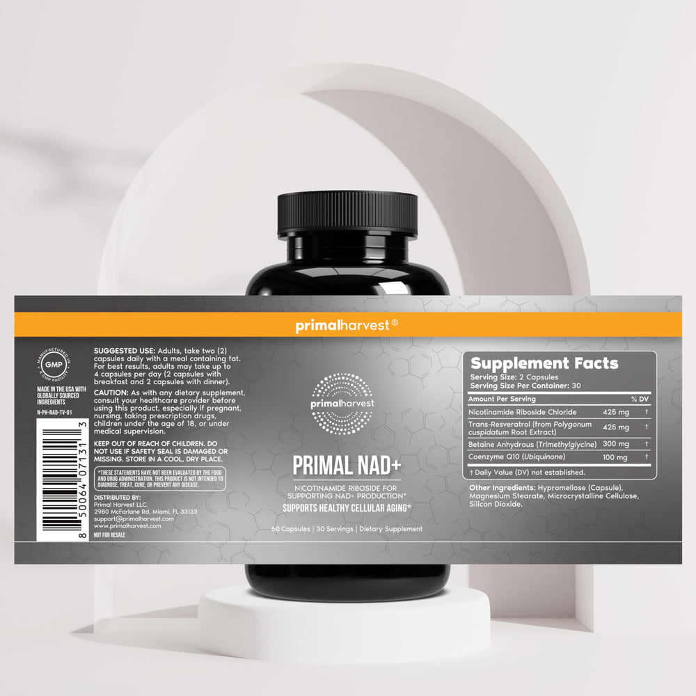 Primal Harvest NAD packaging shot on a clean background for easy daily routine integration
