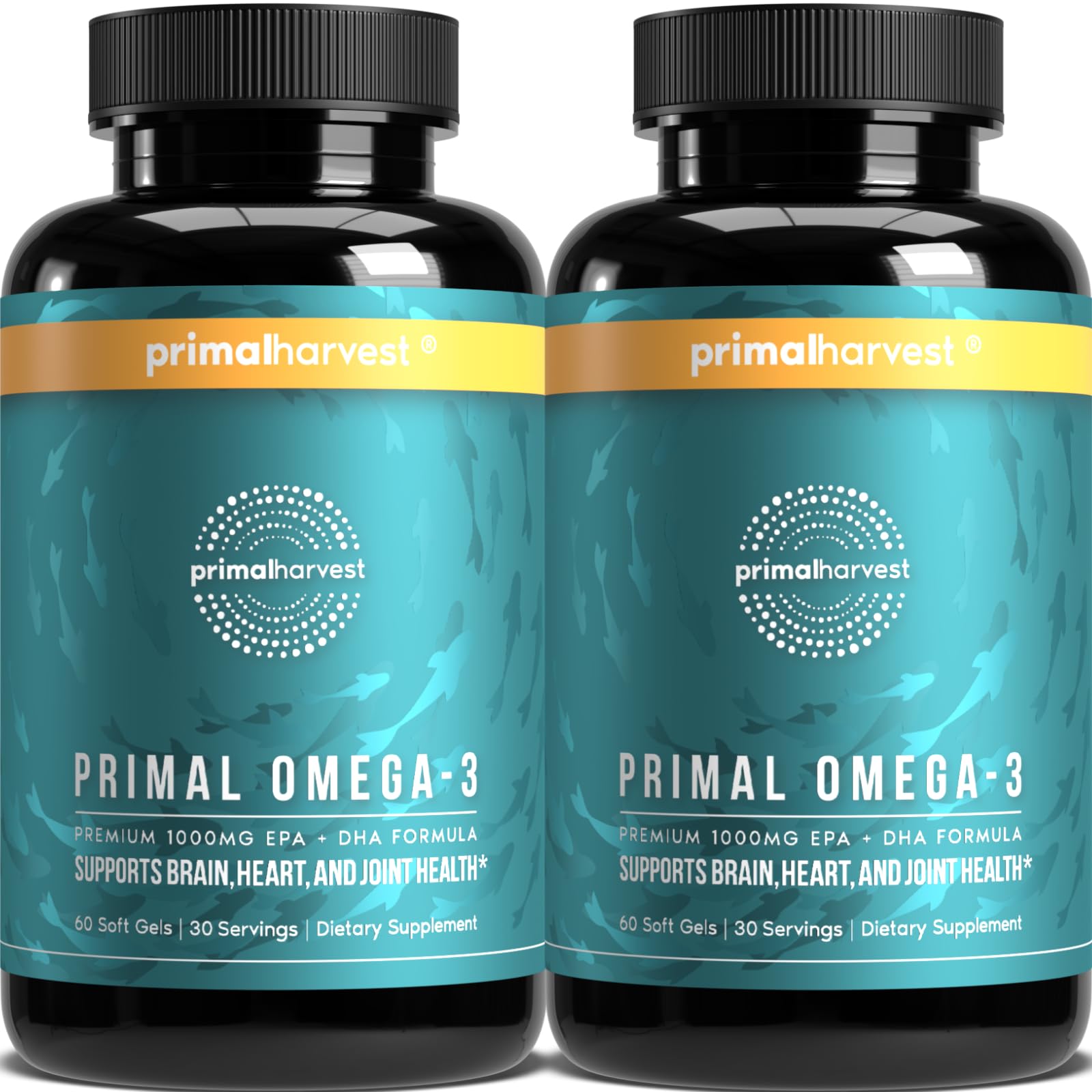 Primal Harvest Omega-3 bottle front shows premium soft gels for heart and brain support.