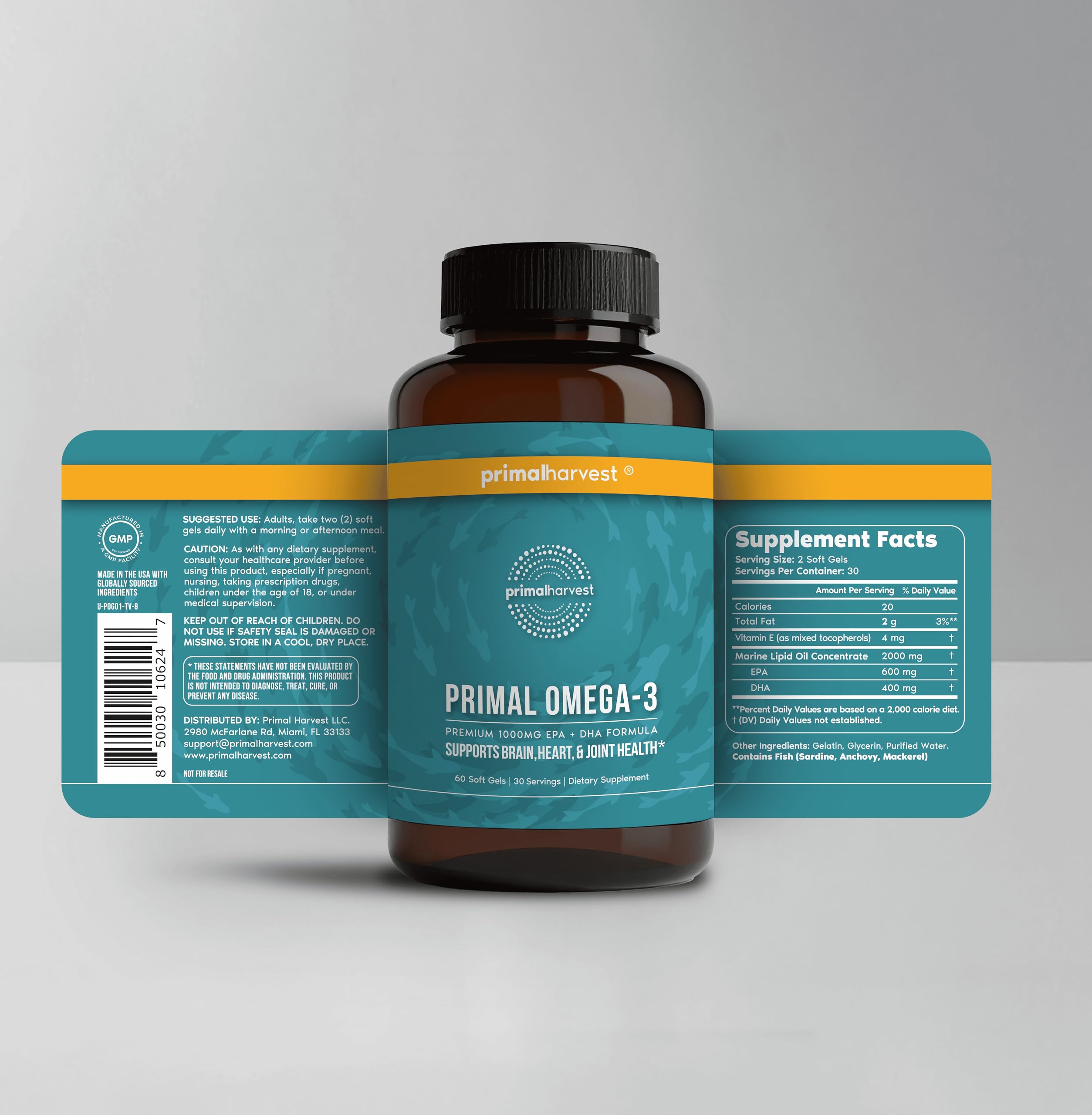 Close-up of Primal Harvest Omega-3 capsules highlighting high EPA and DHA content.