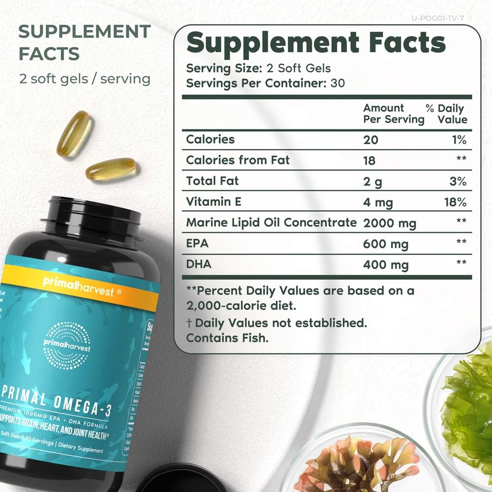 Primal Harvest Omega-3 capsules closeup highlighting smooth softgels with no fishy aftertaste