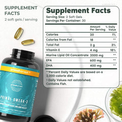Primal Harvest Omega-3 capsules closeup highlighting smooth softgels with no fishy aftertaste