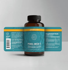 Close-up of Primal Harvest Omega-3 capsules highlighting high EPA and DHA content.