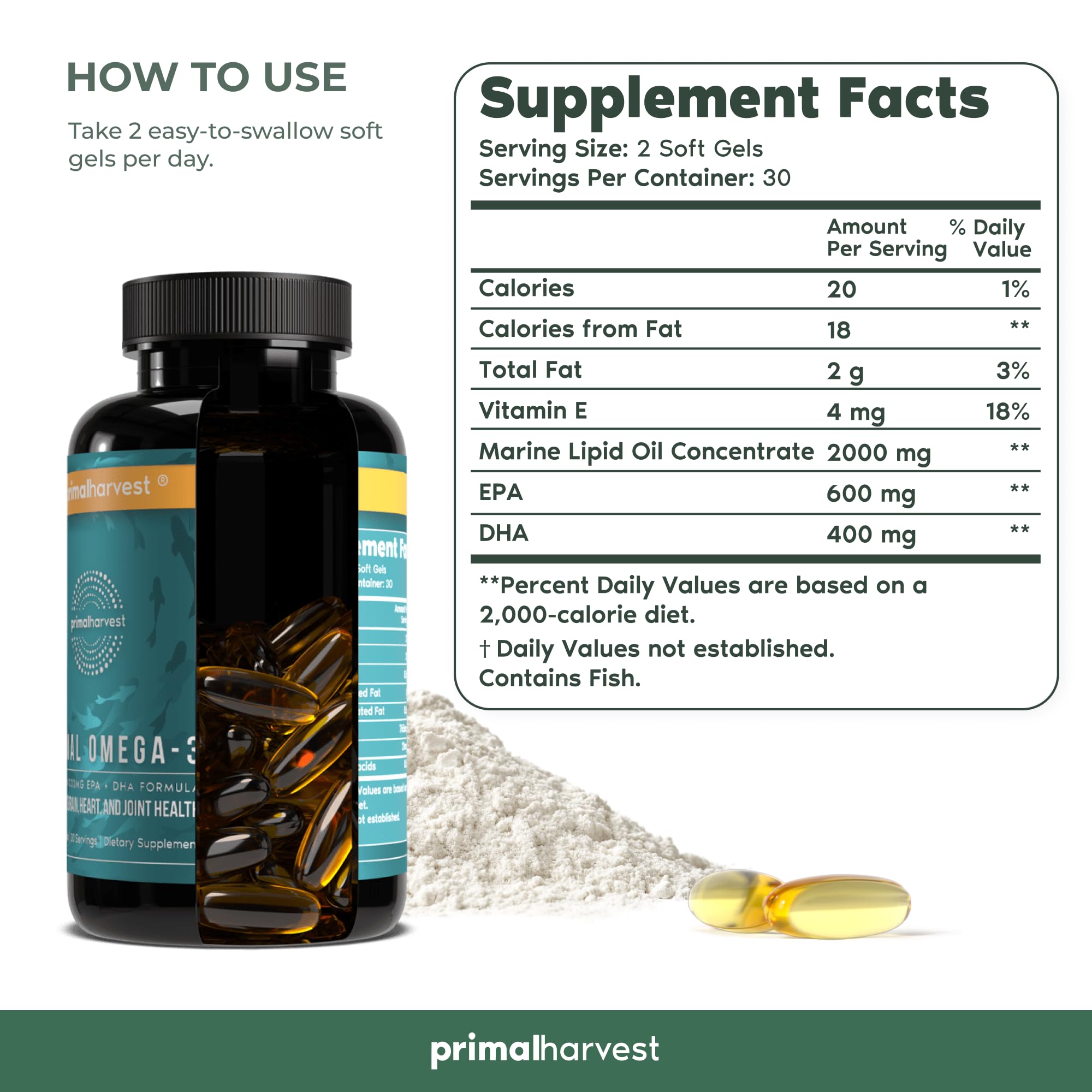Pouring Primal Harvest Omega-3 capsules suggests easy daily use with no fishy aftertaste.