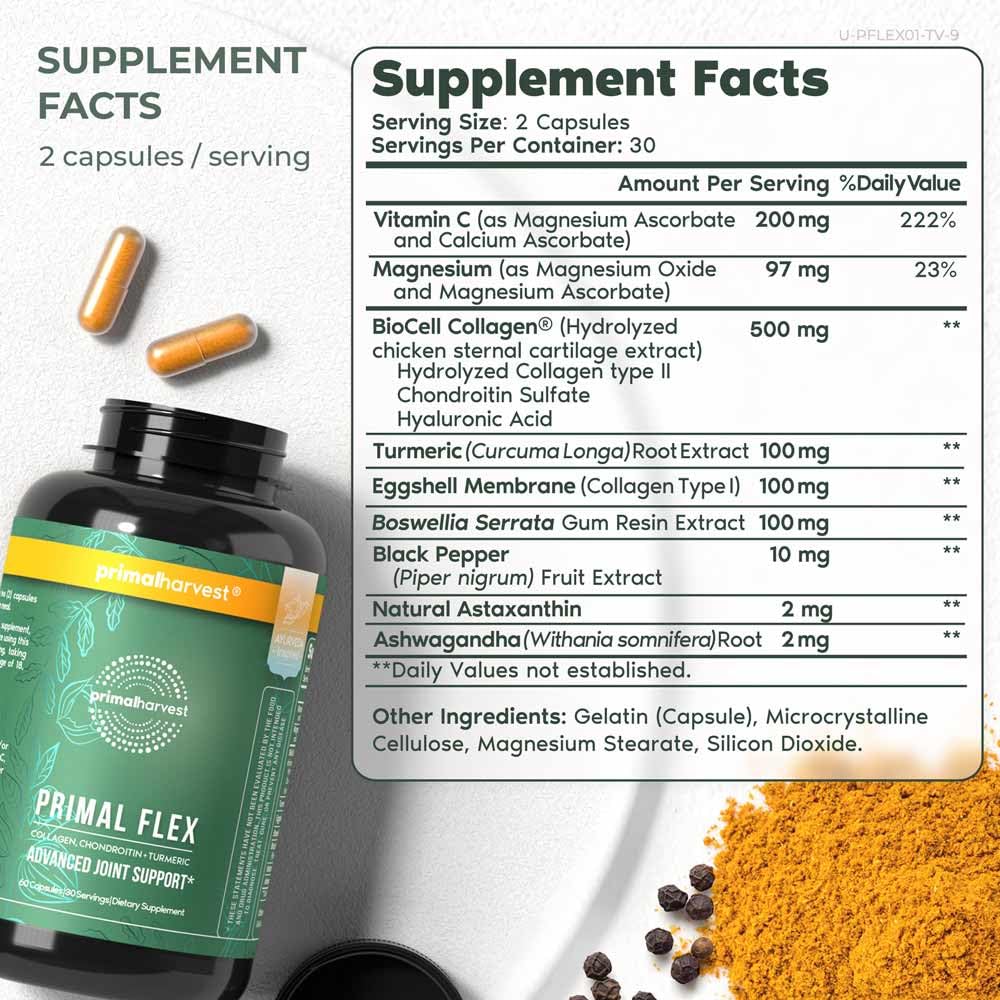 Primal Flex bottle label features turmeric and boswellia ingredients