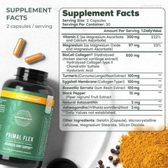 Primal Flex bottle label features turmeric and boswellia ingredients