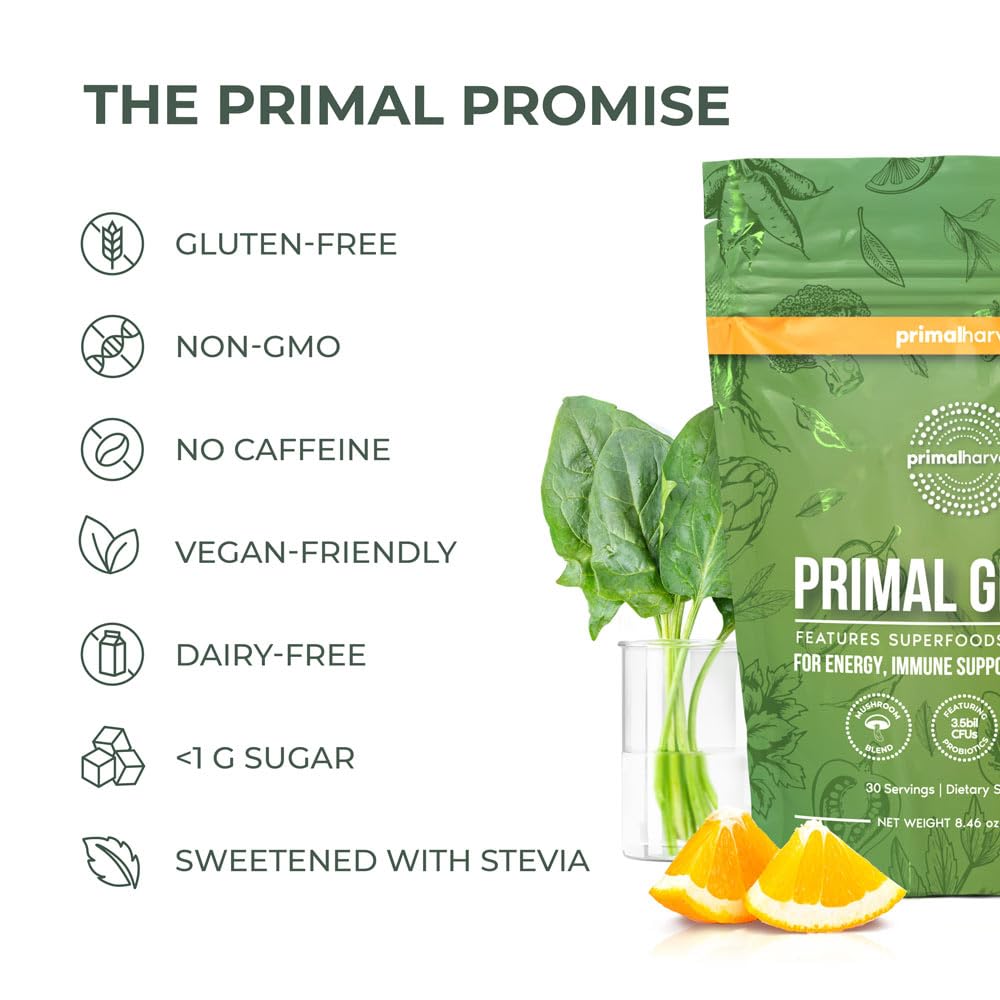 Primal Harvest Primal Greens bottle highlighting spirulina and mushroom blend