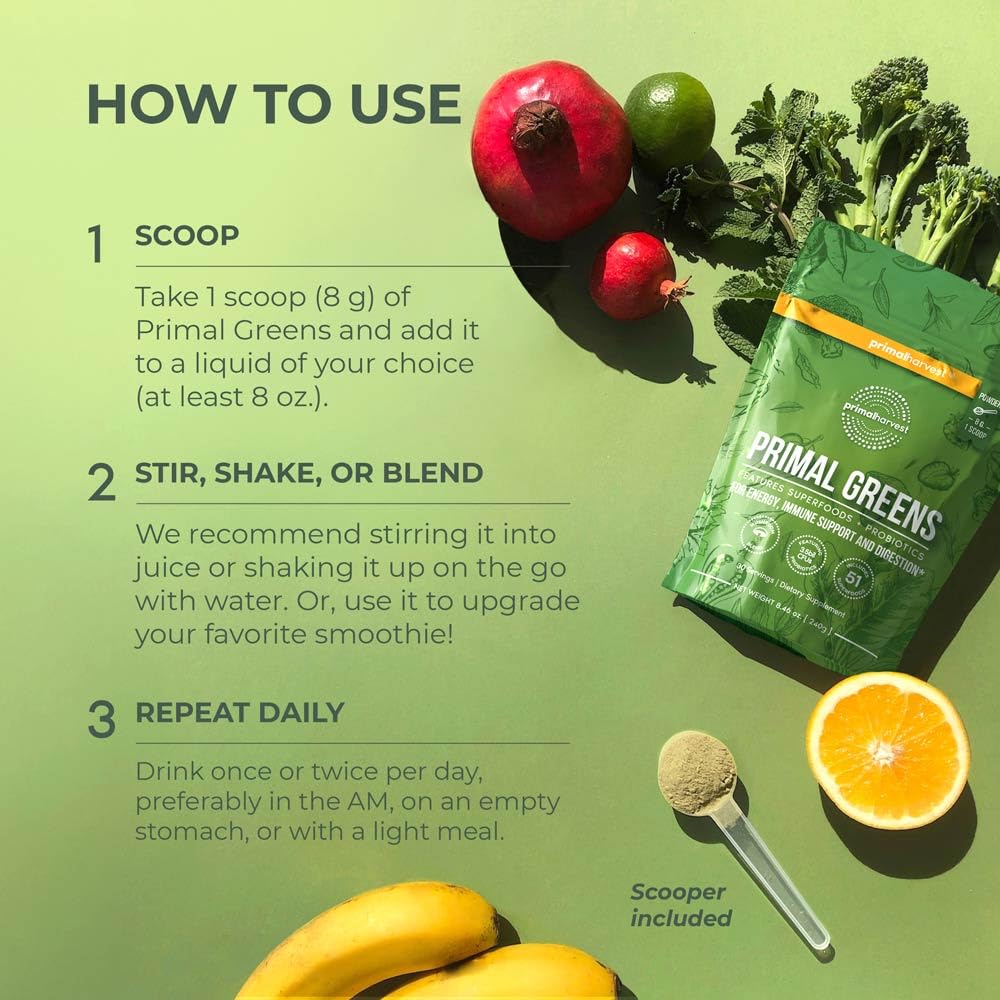 Primal Harvest Primal Greens smoothie blend for a tasty morning boost